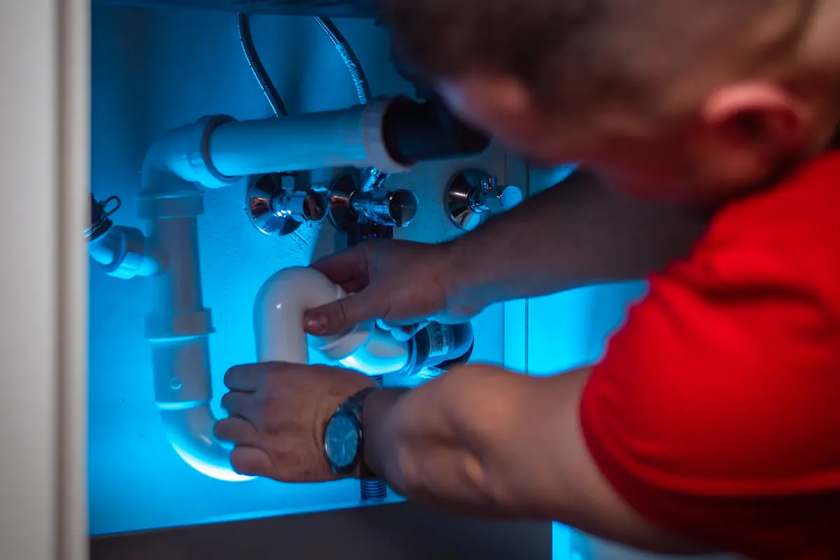 Plumber working on water supply pipes and fittings